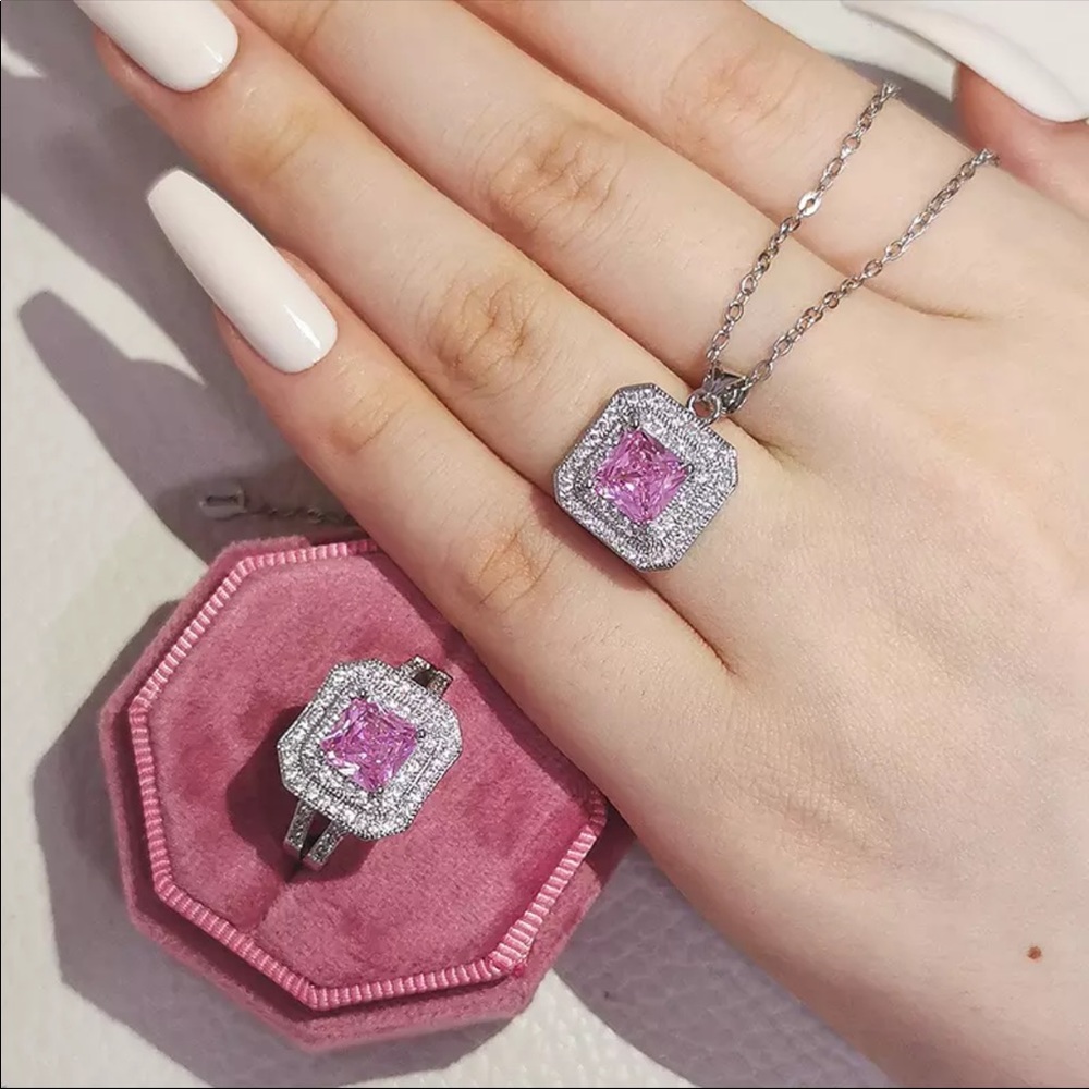New pink silver sapphire gemstone necklace ring